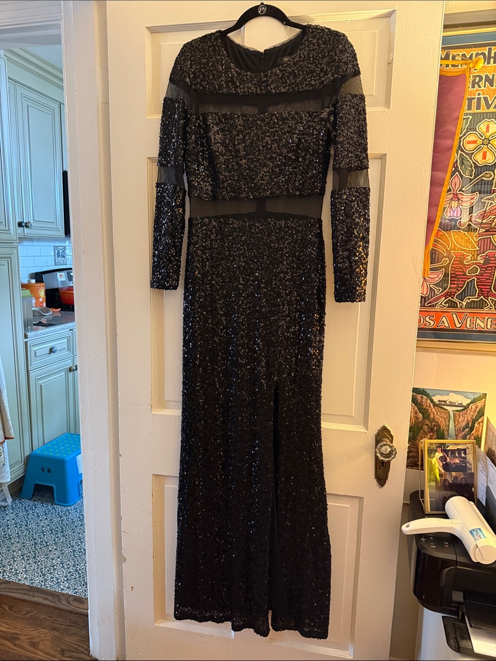 Aqua Black Sequin Long Sleeve Evening Gown